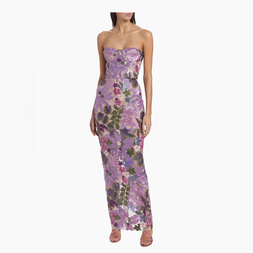 NWOT BRONX AND BANCO Dahlia Strapless Floral-Embroidered Sequin Gown - Picture 3 of 16